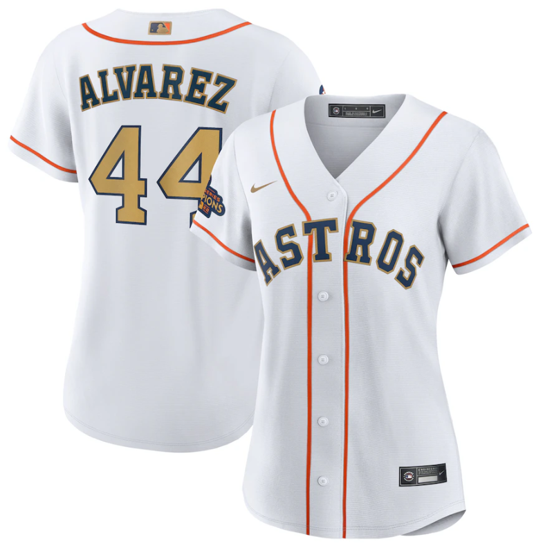 Women's Houston Astros #44 Yordan Alvarez White 2023 Gold Collection With World Serise Champions Patch Stitched Jersey(Run Small)